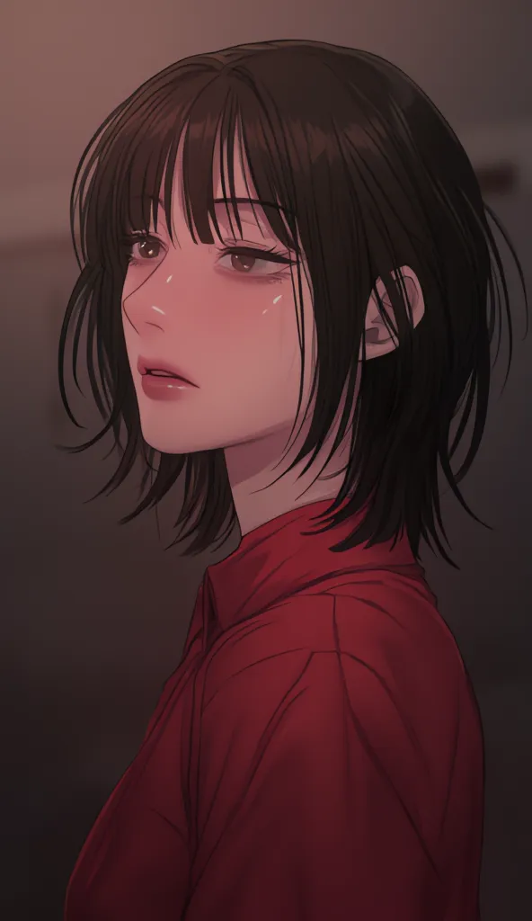 A girl with hair on her shoulders, brown eyes , Black hair, with dark circles, asleep, with bangs above her eyebrows, with a red shirt