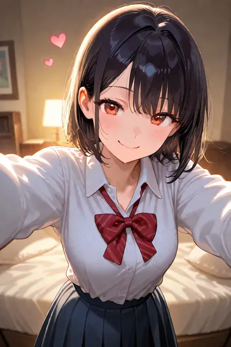  high school girl 。long black hair。Stinky。I have a sleeping habit。cute。Spoiled。smile。Lovestruck。I love you。hearts are flying。 her room。uniform。