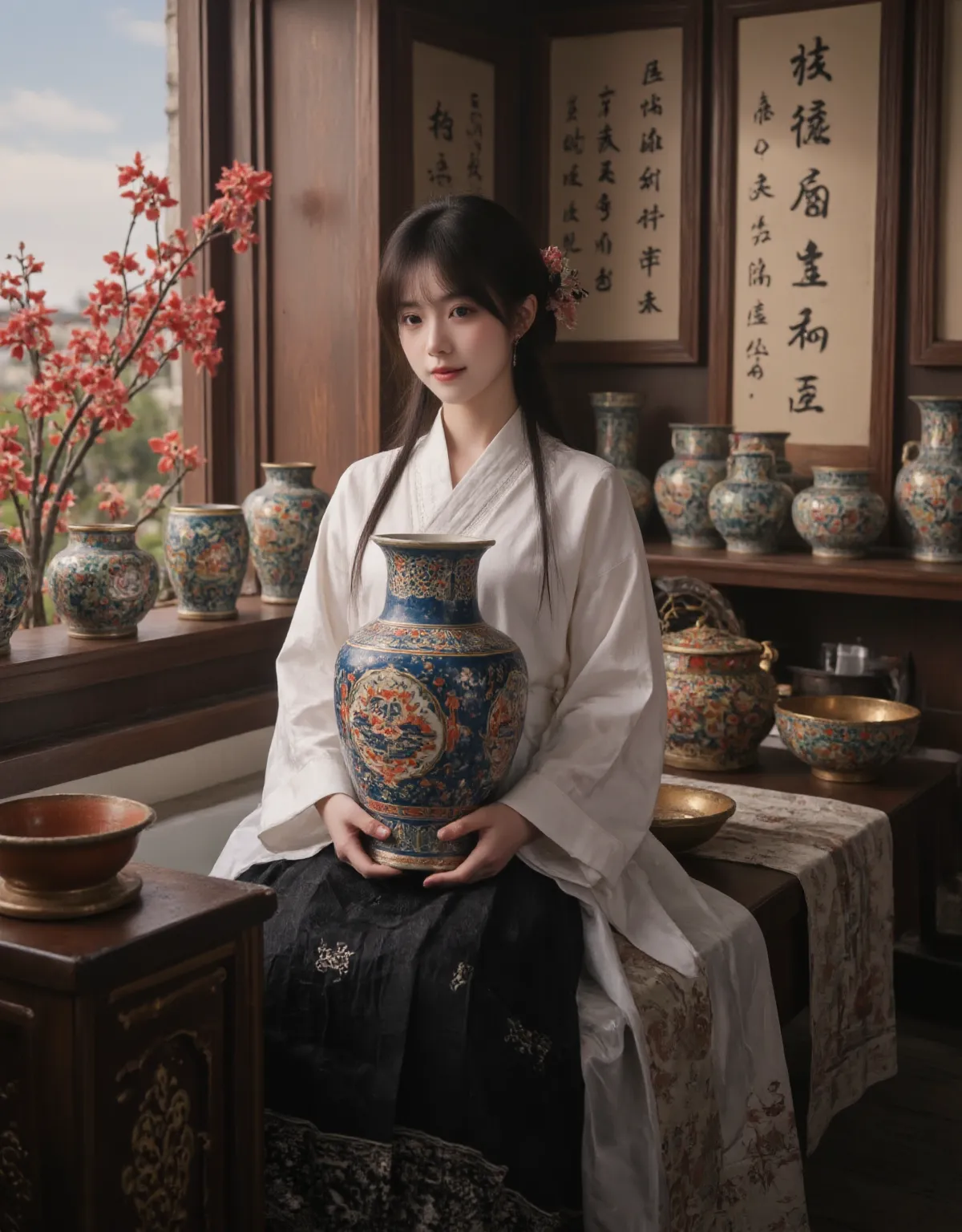 girl wearing Hanfu, beautiful detail eye, beautifully detailed lips,  very elaborate eyes and face sitting in the bathtub, long lashes, smile, hair ornaments close to the garden, holding blue and orange lacquerware vase, intricate pattern, white dress, bla...