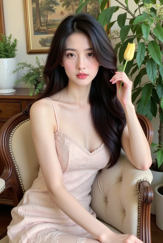 a woman sitting on a chair with elegant style. She wore a light pink lace dress and held a light yellow tulip in her hand. The background has many green trees and wall paintings, creating a gentle, sophisticated space. The exterior and interior have a clas...