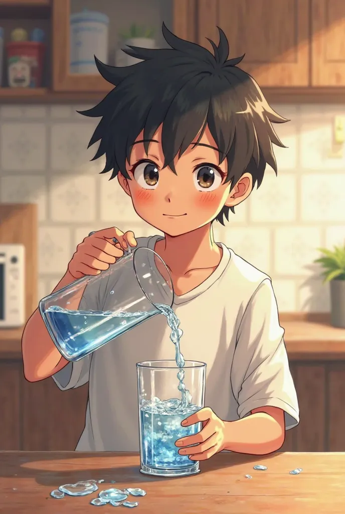 A young anime boy with short, messy hair is pouring water into a glass cup, which is already filled in top of tha glass and overflowing onto the table. He has a simple smile expression on his face. The scene is set in a cozy kitchen with soft lighting. Gen...