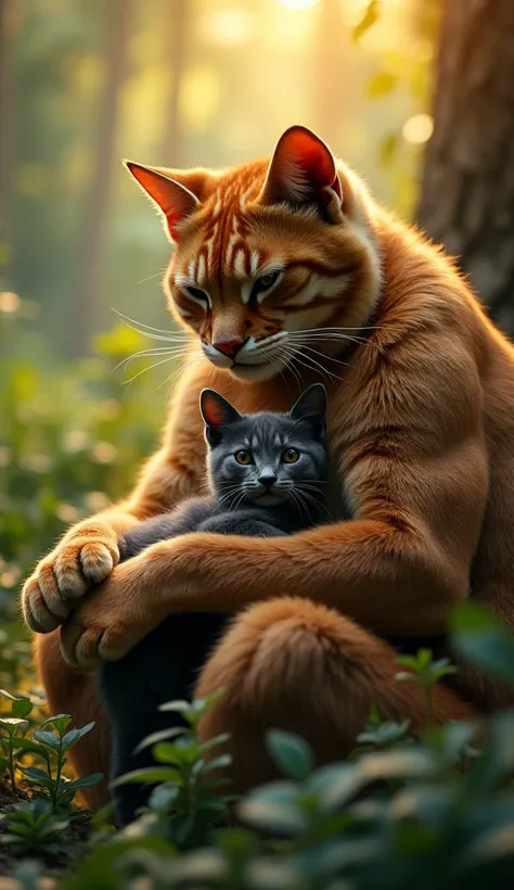 "The danger has passed, and golden light bathes the jungle. The kitten leaps into bodybuilder cat dad's massive arms, snuggling into his broad chest. Dad wraps his powerful paws around his tiny , his face softening into a warm smile. They sit together, the...