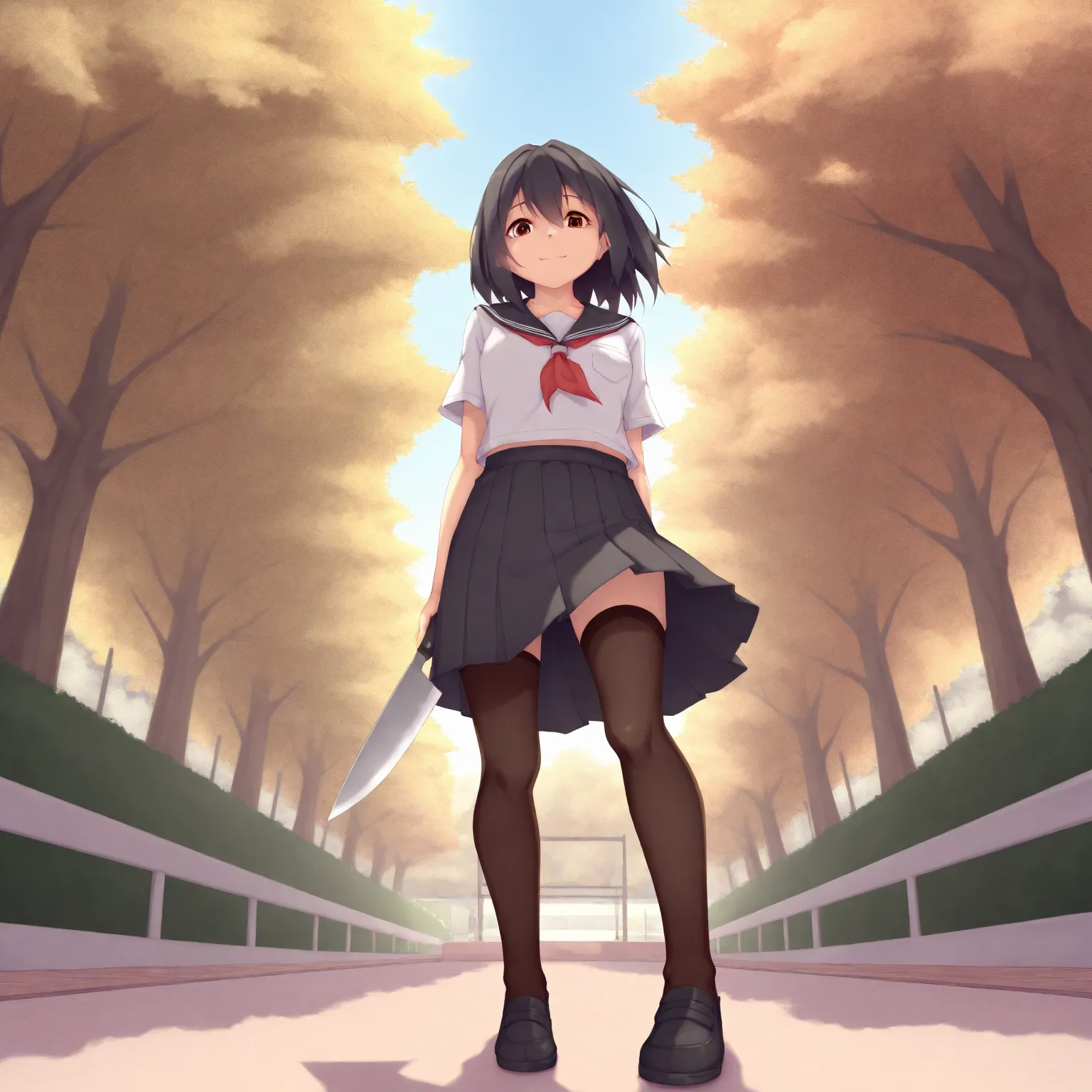 black hair,  light smile , Kitchen knife ,  high school girl, Brown, black stockings, black skirt, park, composition seen from below, Psychopath