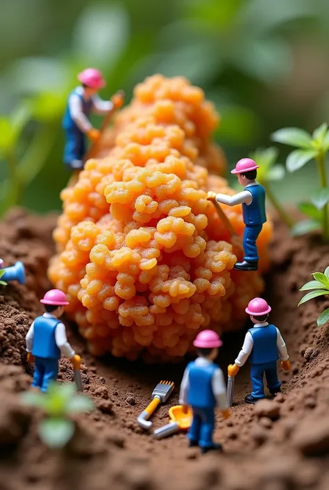 Prompt:
"A highly detailed and realistic image of a giant crispy fried chicken piece being worked on by miniature construction workers. The scene resembles a construction site with workers in blue vests and pink helmets inspecting, digging, and brushing th...