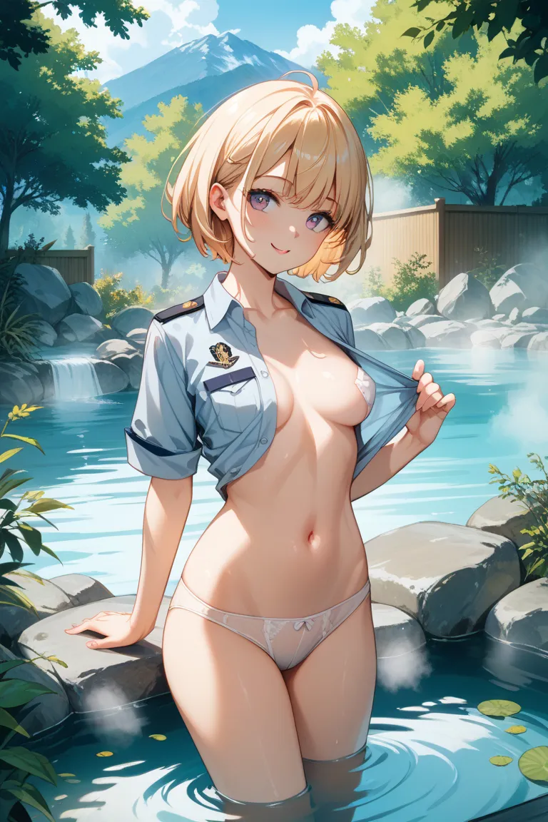  belly button 　sex　uniform　boyish　Short Hair　 girls on the left　 popup　hot spring