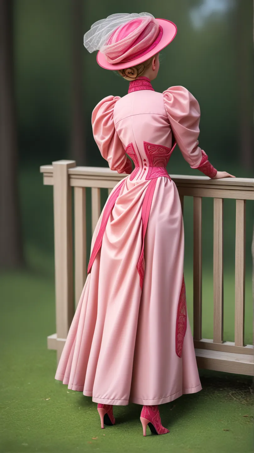 From behind. Sexy 15yo Gibson Girl of the Edwardian era. Wearing her (((pink 1900_dr3ss:1.5))). High-collar long sleeve gown, waistband, wide-brimmed picture hat. Skirts and petticoats hiked up, revealing her silk stockings and button boots. (((Full body:2...