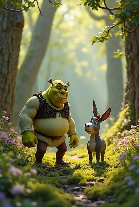 Create Shrek with animation "stop motion" In a forest with donkey