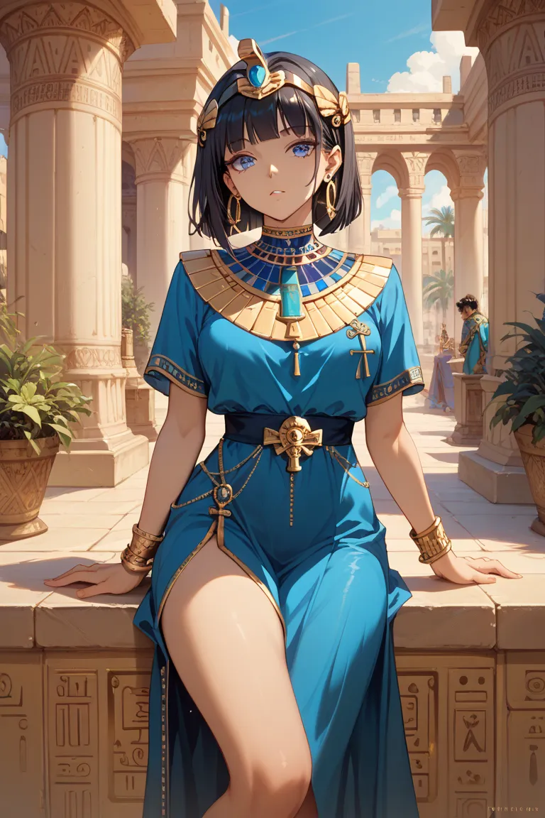  1girl ,  gold hair ornament ,  gold earrings, solo,  gold bracelet, blue dress,  Egypt, Blue Eyes, Outdoors, dark hair, watching viewers,masterpiece, Highest quality, wopen leg, super high definition    