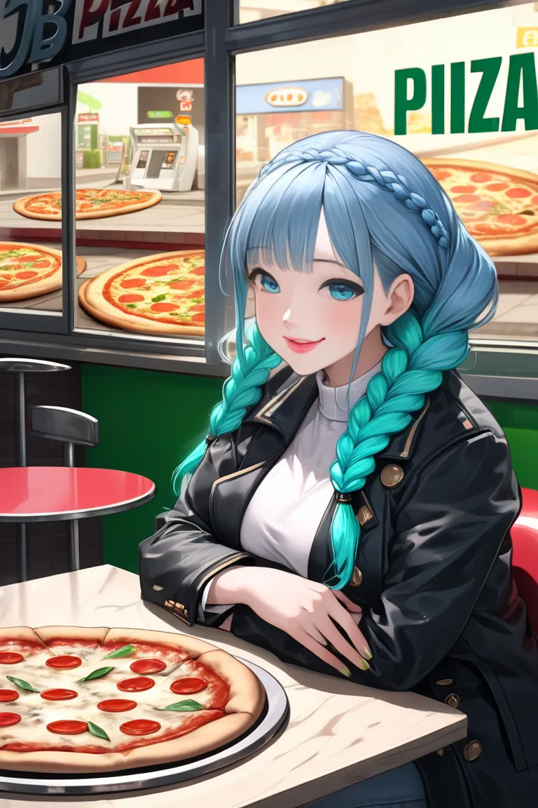 ((best quality)), ((masterpiece) (extremely detailed) an extremely beautiful, gorgeous ,curvy, petite  with her hair of semi deep blue braids from the top with luminous green ends ,she sited beside a large pizza place window with a very messy table,she smi...