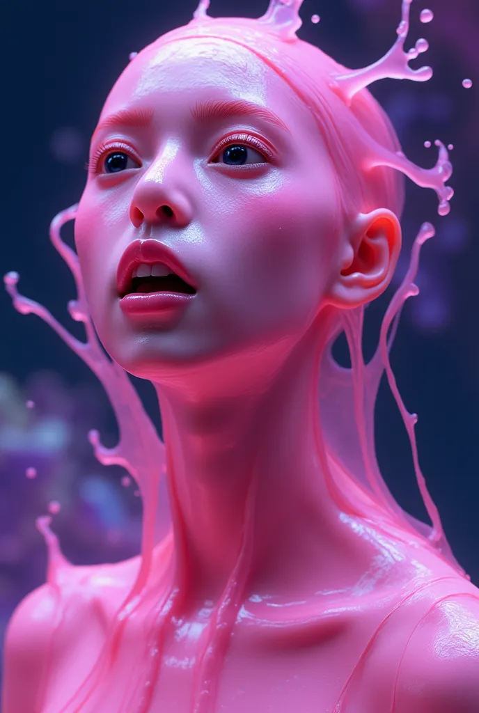 (best quality, masterpiece, ultra detail), perfect face, hyper realistic pink slime alien girl, its shape has been transformed into that of a beautiful woman, liquid transforms into a female figure, organic skin, artful bioluminescence vivid galaxy highly,...