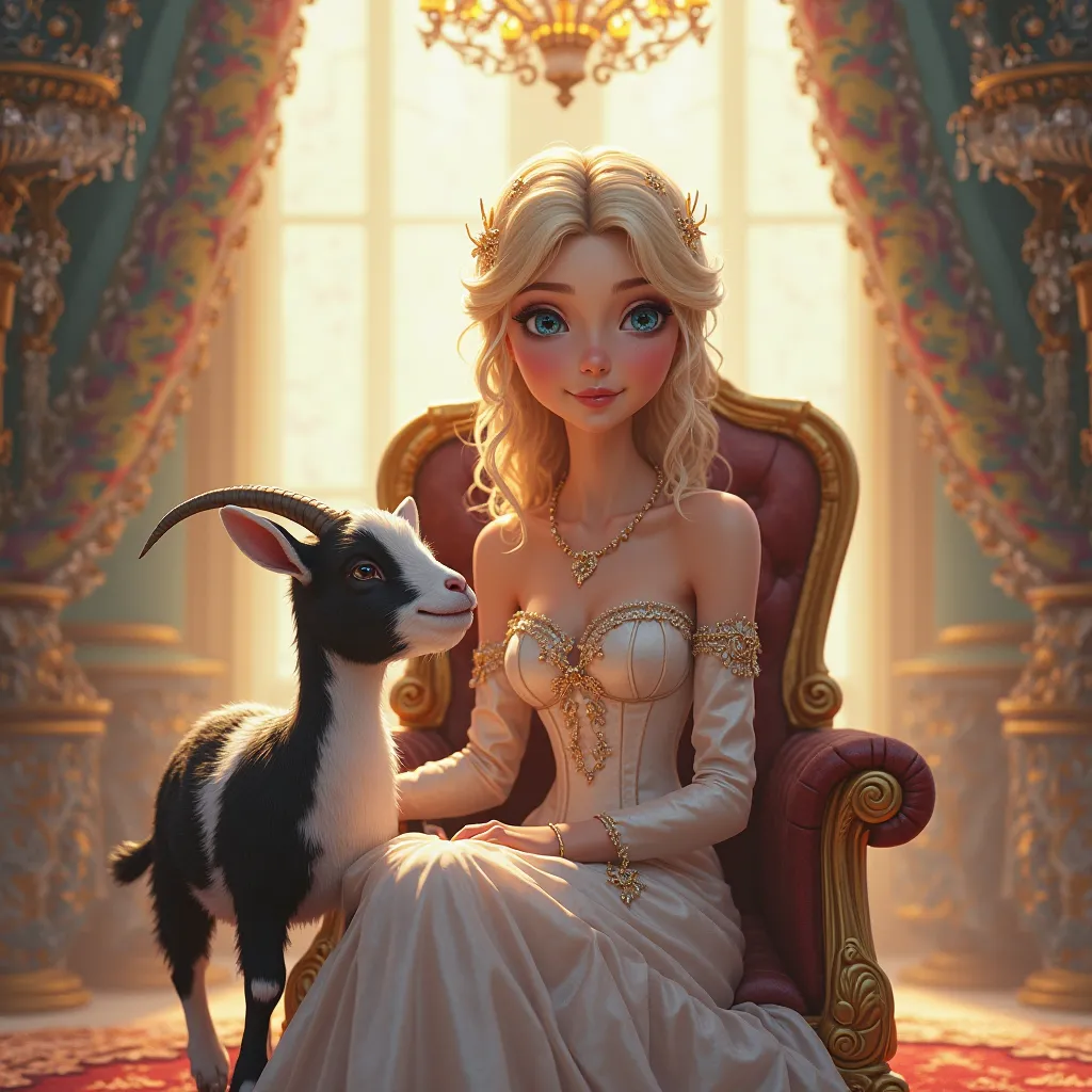 Create an image of a princess with long blond hair and blue eyes: she is sitting on a throne and next to her is a little black and white goat. 