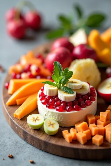 Banana tartare platter, pomegranate, fruit , apple,  papaya 