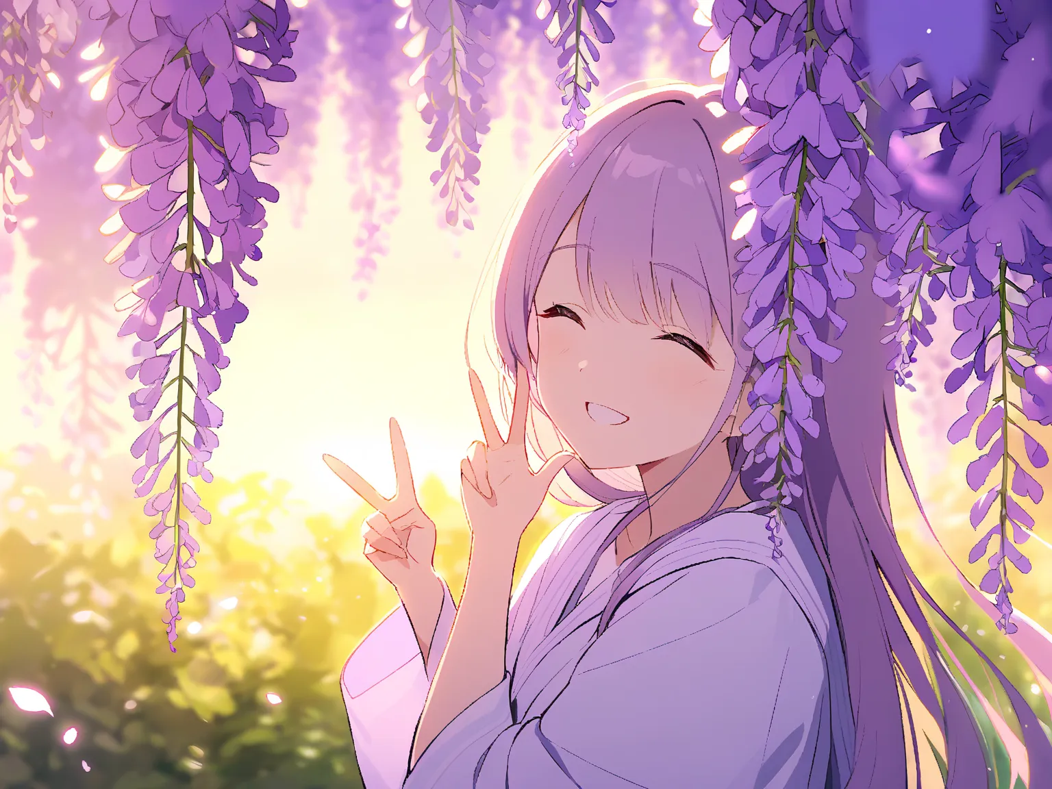 One adult woman, Castorice (Honkai: Star Rail), smiling broadly, squinting, making a peace sign towards the viewer, wisteria garden in the background, no close-up of face