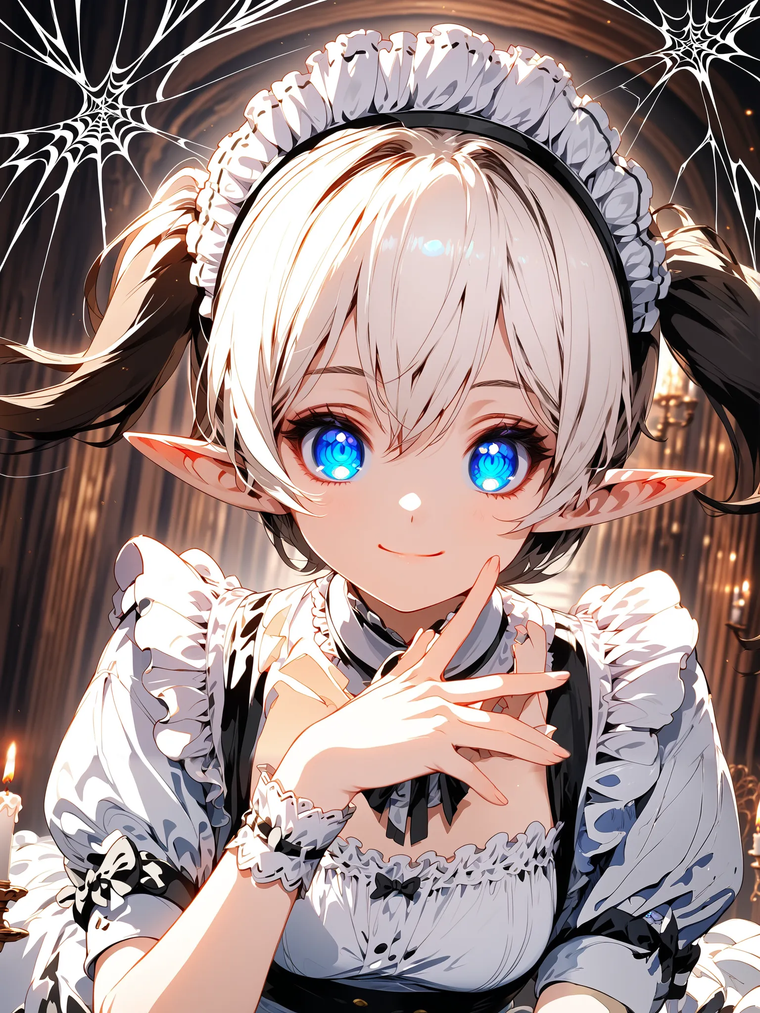 (Elf), (1 girl:1.2), Double Pigtails,   (hair between eyes),  white hair, Blue Eyes, light smile, 
break,
portrait,  French Maid in French Maid Clothes, Head ornament, indoors, (antique victorian mansion), Candle holder, Covered in spider webs, Dynamic Ang...