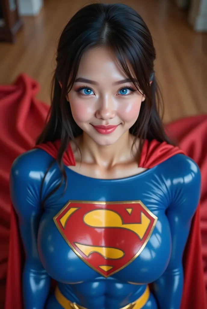 (FULL TOP DOWN POV) **"A stunning, highly detailed, and ultra-realistic portrait of a INNOCENT BLUE EYED 17-year-old Thai GIRL, proudly wearing the iconic RETRO 1980 SUPERMAN costume with a glossy latex/vinyl finish. The vibrant royal blue bodysuit shimmer...