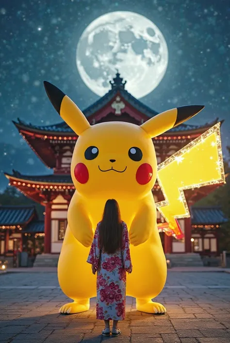 a giant pikachu bigger than a human is standing with his whole body emitting the effect of a kunibg lightning bolt is behind a beautiful Japanese woman, face looks clear and clean,  facing the camera, long hair, kimono image of sakura, standing while posin...