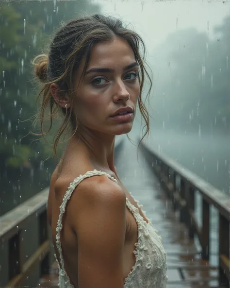 A close up fine art oil painting of a confident woman with radiant skin, HER BARE BODY standing on a wooden bridge over a misty river, the light drizzle blending with the fog, creating an ethereal and mysterious ambiance.