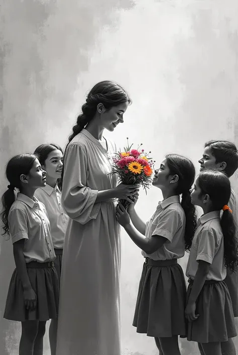 Black and white painting of teacher given flowers by many students