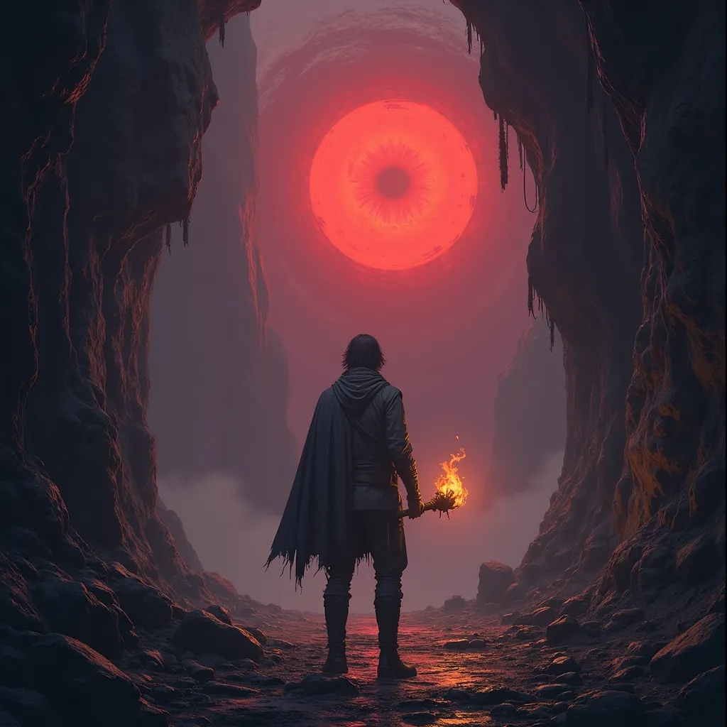 old art, fantasy theme. dark cave wall on both sides, a man holding the torch, view from behind. one huge flaming red eye fill the cave background.