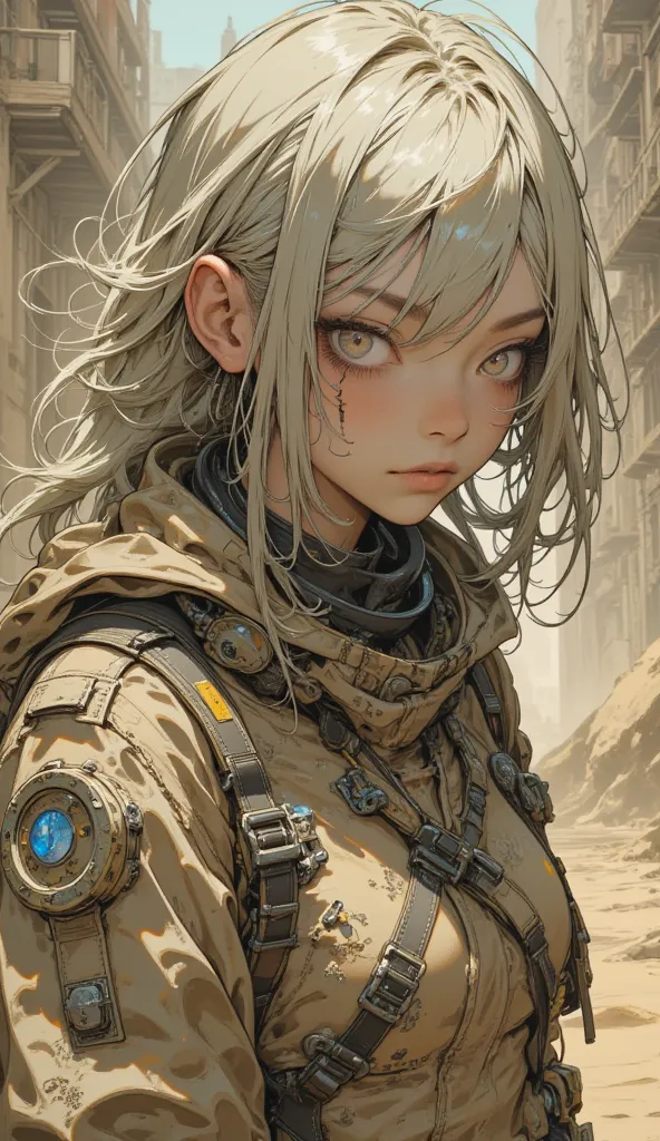 Very realistic 、High Quality Textures { x}  beautiful and delicate eyes、high image quality、Top Quality、exhaustive、 Tim Burton Style、add cyberpunk elements to the Mad Max worldview、Draw a young woman who is a hunter、ruined future city like a ghost、Desertifi...