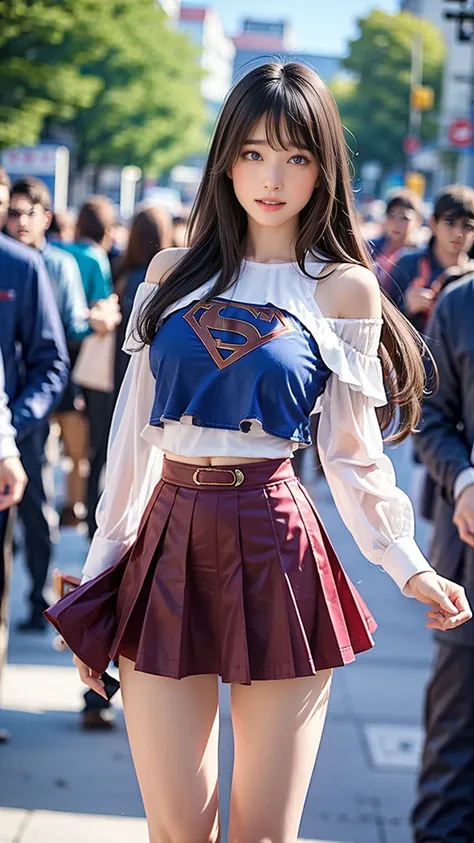   1 girl，big tit female body set ，  Supergirl Costume Dress，redskirt、redminiskirt、Cutting clothes，close，  Off Shoulder Outfit，Charming，  perfect body，street，belly button，Abdominal vest line，Brown Hair、Long Hair、Long Hair、  Sexy Poses