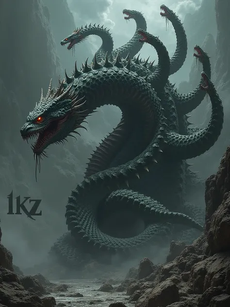 Create an image of a hydra, the mythological animal with 9 heads, I want you to impose terror, detras de el,  In the background, I want you to put the text "LKZ"