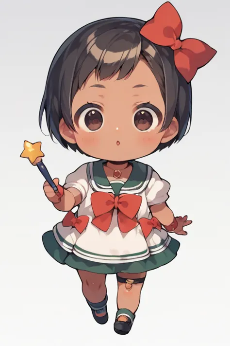  score_9,    score_8_ up・ザ・サイド ,    score_7_ up， score_6,    score_5_ up， score_4_ up，anime break，   very young girl ， cute,   chibi，Tiny,   Has a magic wand   ,   bob cut with skindent,   Head with red bow ,   dark eyes，