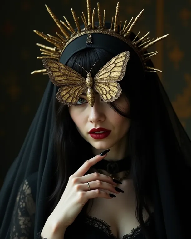 
 A gloomy , Gothic woman with pale skin and dark hair wears a golden headpiece with thorn-like decorations. Your face is covered by an artistic golden large butterfly or a moth. She has red lips ,  long black fingernails .
Her outfit is a mix of Victorian...