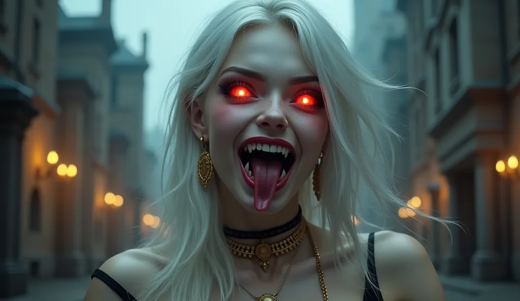 **Prompt:**  
"A striking fantasy-style female character with pale silver hair and glowing red eyes, set in a dark, gothic cityscape. She has an exaggerated open mouth with sharp fangs, an elongated tongue, and a playful yet eerie expression. Her skin is s...