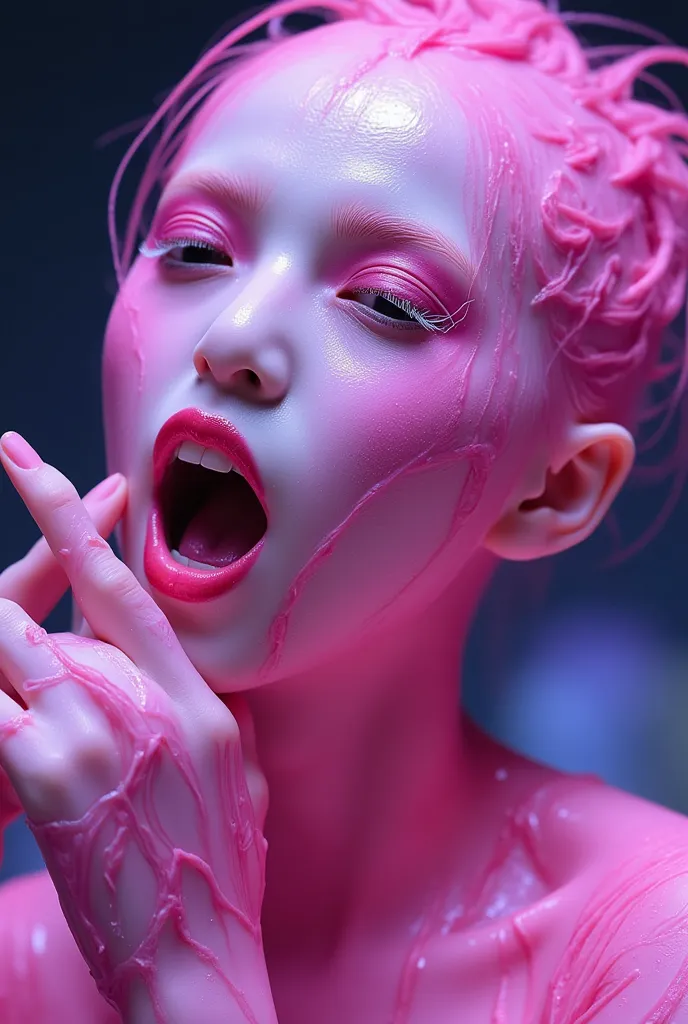 (best quality, masterpiece, ultra detail), perfect face, hyper realistic pink slime alien girl, its shape has been transformed into that of a beautiful woman, liquid transforms into a female figure, organic skin, artful bioluminescence vivid galaxy highly,...