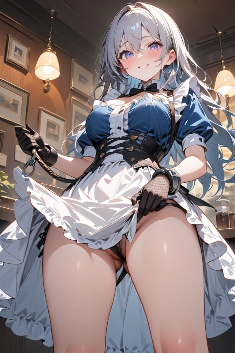 nsfw,  1giri,  BDSM, (best quality, masterpiece, Impressionism, high score,  GREAT SCORE, ultra detailed, absurdres, absolutely resolution), (masterpiece, best quality, ultra-detailed),  
A graceful and intelligent high school girl with **silver-blue wavy,...