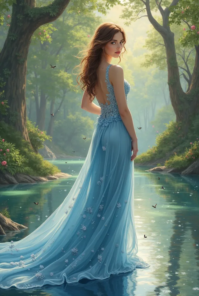 Describe a place you like to visit, with beautiful lady wearing Blue dress 