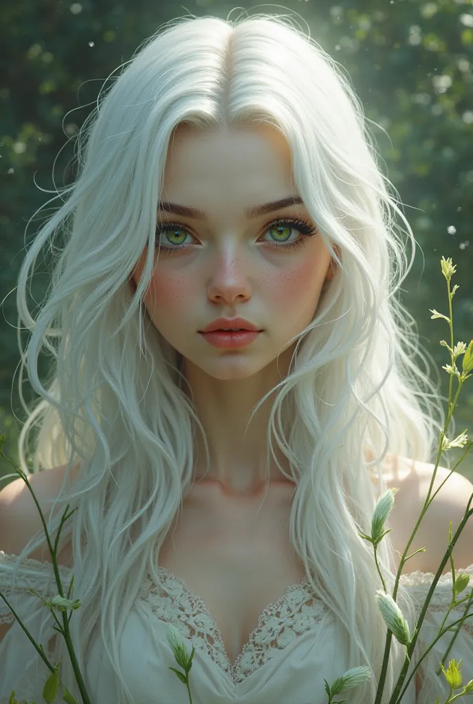 Create a book cover with one in the center of natural green eyes and white hair