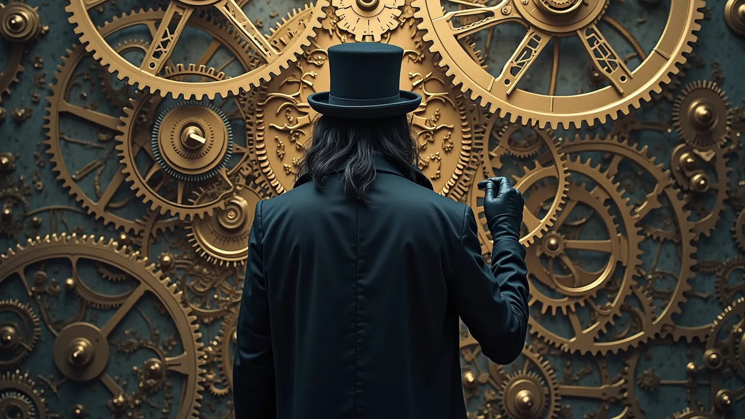 Complex clock gears rotating synchronously. In the middle of the gears, Your handsome young hacker character, enigmatic, in the cyberpunk style of the 90s, inspired by the character Neo from Matrix. He's wearing a long elegant black overcoat and a top hat,...