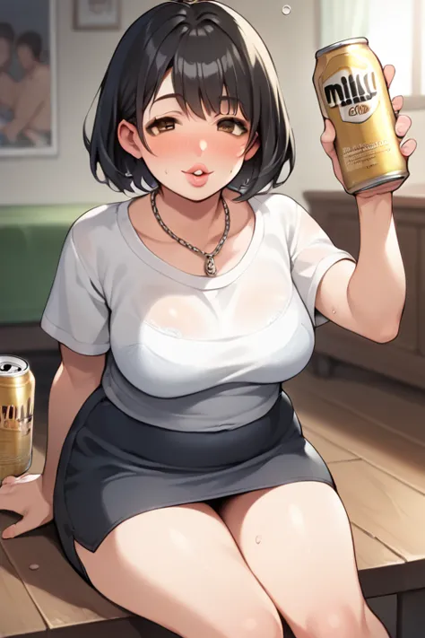   score_9,   score_8_  up,   score_7， anime， alone ,  short，  young woman， black hair short ， brown eyes,   blanking ， estimated  ，  lick your lips ， drunk :1.3， plump,   Normal milk  ,   black necklace  ，  red ribbon,   front view,  complex background, ro...