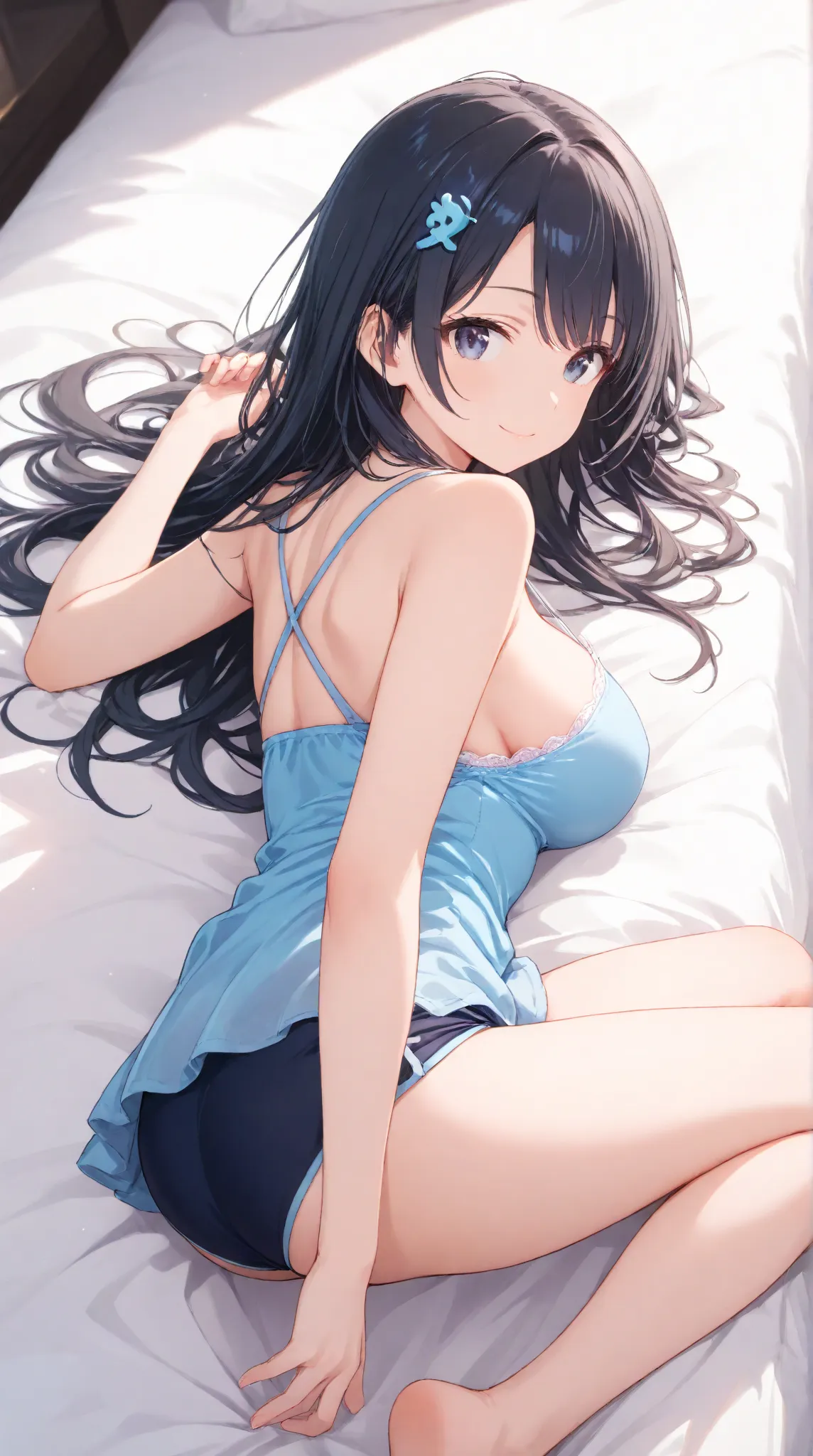 masterpiece,large breasts, long hair, (black hair1.5) , bangs, （1girl1.5）、Blue hairs ornament, 18 years old、breast focus、looking at viewer，full body，lying on bed、,Racerback Camisole , lie on one’s back,,Smile