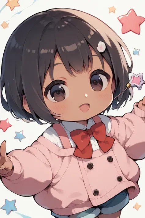  score_9,    score_8_ up・ザ・サイド ,    score_7_ up， score_6,    score_5_ up， score_4_ up，anime break，   very young girl ， cute,   chibi，Tiny,   Has a magic wand   ,   bob cut with skindent,   Head with red bow ,   dark eyes，