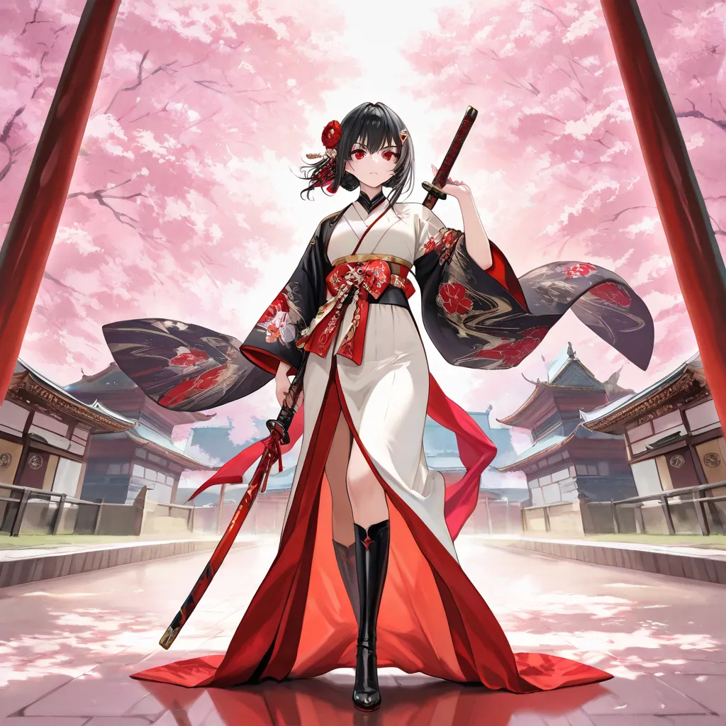 A noble and fierce samurai princess stands with a commanding presence. She wears an elegant yet battle-ready kimono layered with lacquered armor, featuring intricate gold and red patterns. A flowing sash secures her waist, and her long, raven-black hair is...