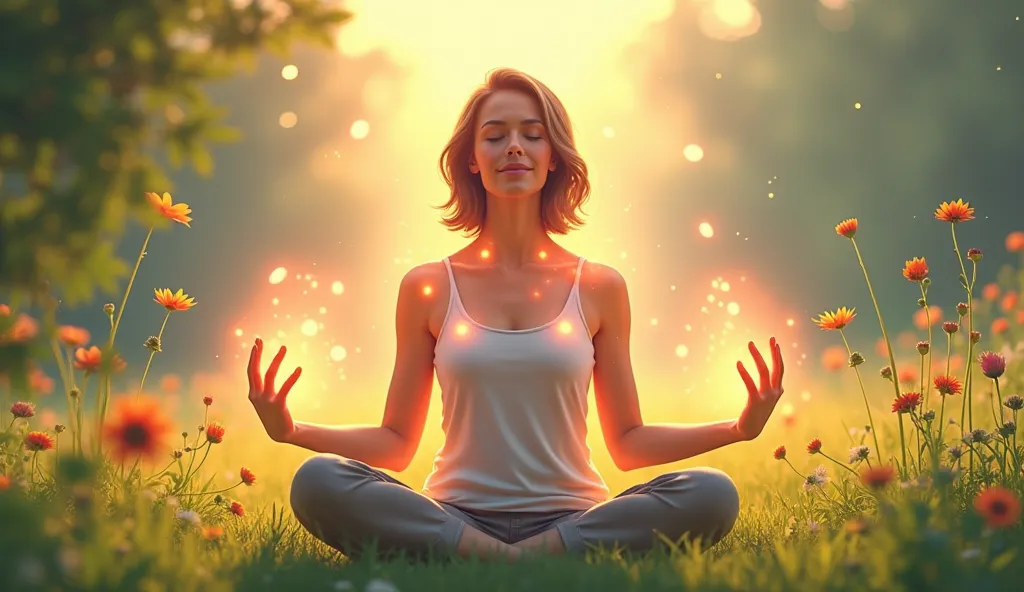  pixel style ，A woman sits cross-legged，Enjoy a pair of virtual glowing hands to massage her shoulders, neck, and back，The background is a sunny meadow