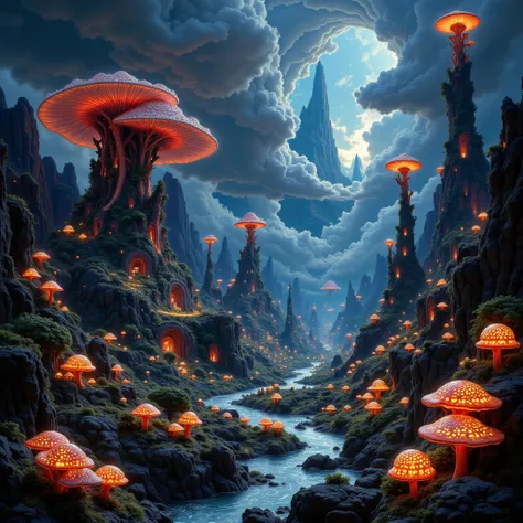 Roger Dean, Official Illustration, inspired Roger Dean, high quality, professional, detailed, vivid colors, fantasy landscape, epic, dramatic lighting, volumetric fog, floating islands, alien flora, glowing mushrooms, bioluminescent plants, otherworldly ar...