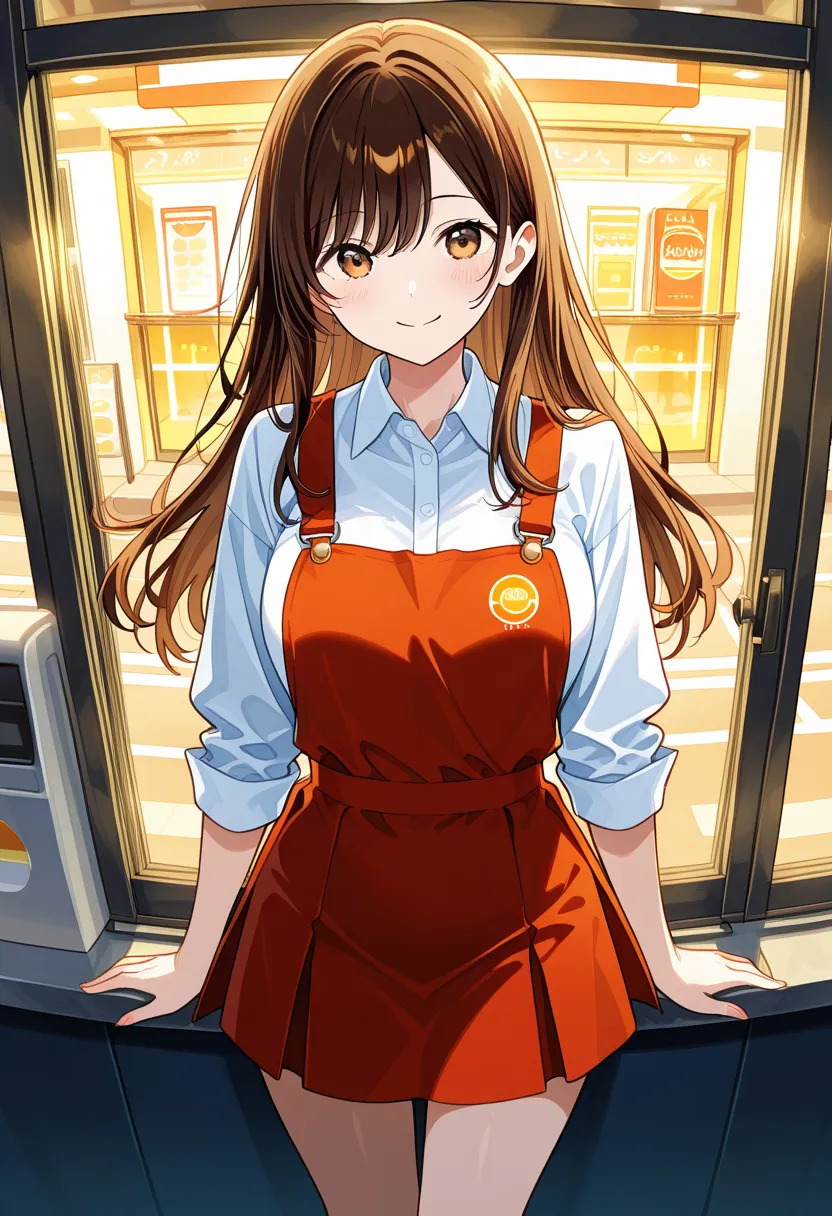 best quality, super fine, 2.5D, delicate and dynamic, sexy pretty fast food worker, background drive-thru