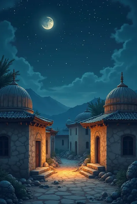 A picture from the bottom of houses in front of us on one line, drawn in two dimensions at night. They are ancient Islamic history. The houses are simple, not high, and have domes
