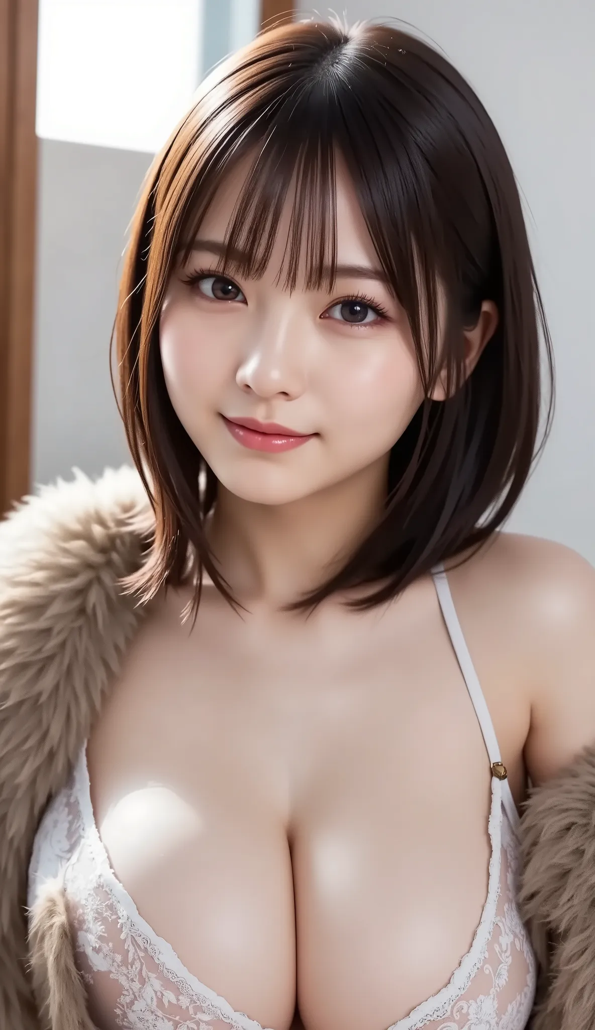 (a state where the face is accurately positioned in the center of the image: 1.5), (upper breast: 1.5), (is fully reflected: 1.5), (Face clearly visible: 1.2)、 (fur coat : 1.5), (A clear day with snow : 1.5), long hair、bangs, smile, young and cute japanese...