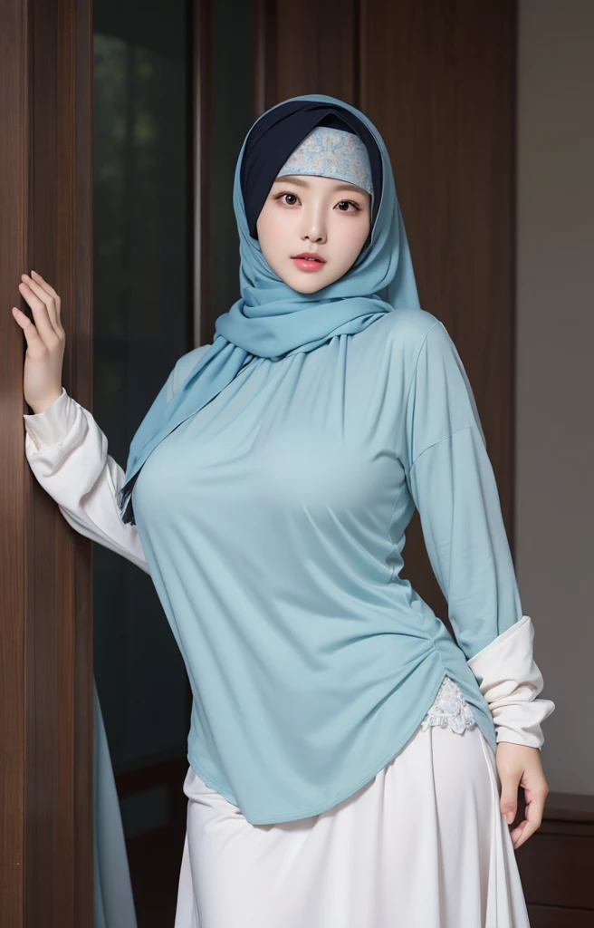 cute korean girl with huge breasts, breast full cover, beautiful eyes, slim body, perfect hands, detail hands, wearing hijab, cute hijab, long sleeves, 8K, ultra-detailed, realistic, HD, room lighting, physically-based rendering, intimate, hard lighting, c...