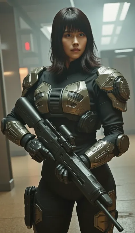 (( short bob cut hair  ))、 full body,   beautiful, Heavily armed,   and is wearing a heavy armored suit in a combat spaceship , BATTLE FORM   , Showing a Strong Face,    (((Fire a machine gun, one of her high performance weapons))) 、  Female Soldier with A...