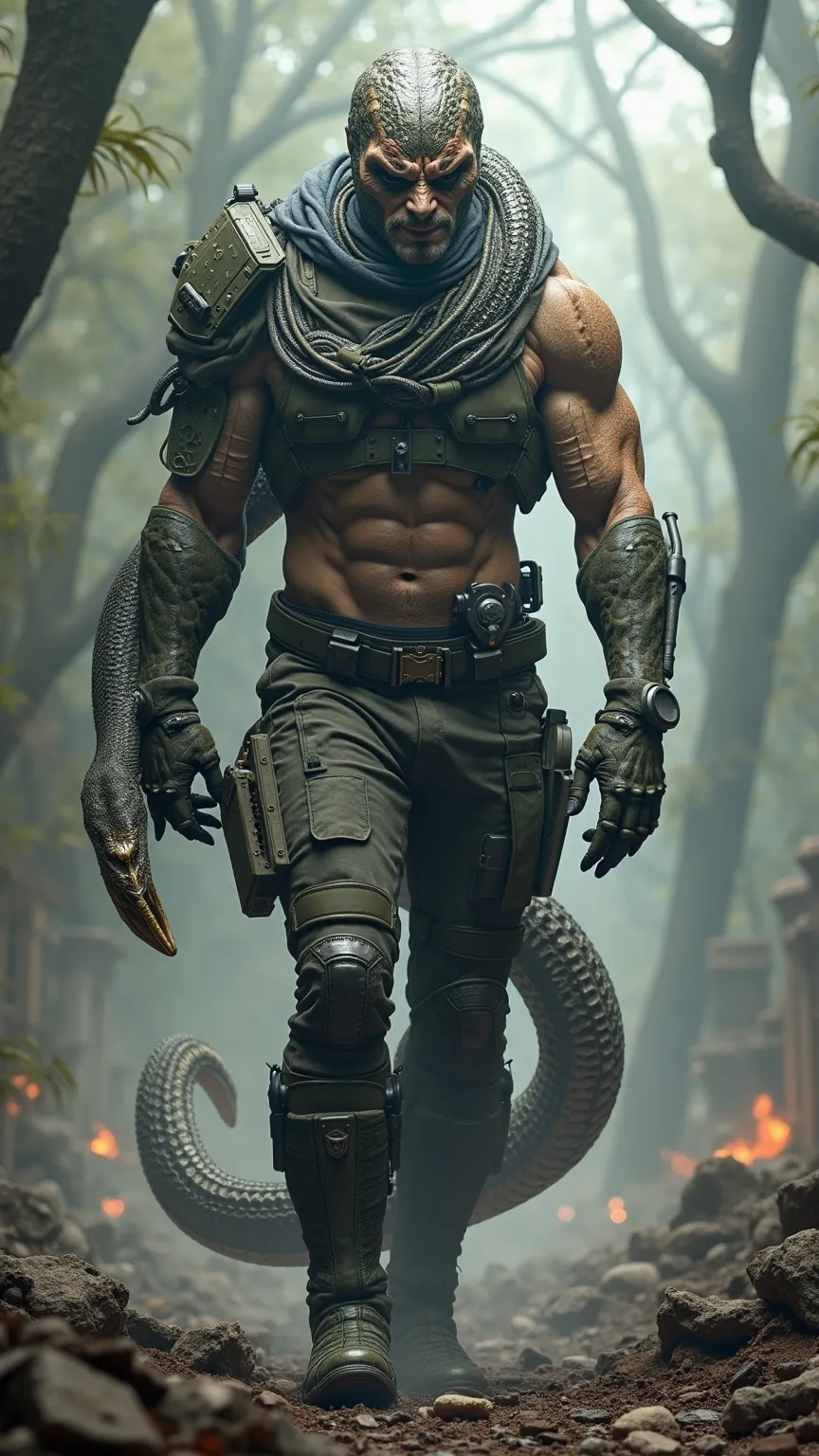 The man and the anaconda merge into a hybrid creature with the man’s torso remaining human but covered in scales and muscular serpent coils forming from his legs and arms.
The creature’s face is a blend of human and reptilian traits, with cold eyes and a s...