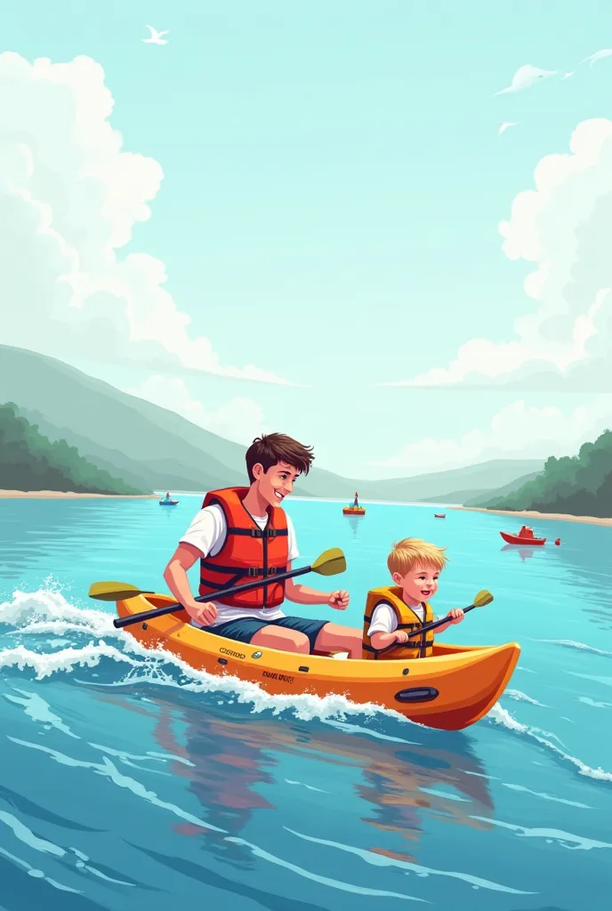 Draw me a picture of baby and dad canoeing on the sea, electric canoe glides on the water creating white waves, dad and baby boy are both wearing life jackets, three sitting behind holding baby, draw more scenes of the baby laughing while the canoe moves
E...