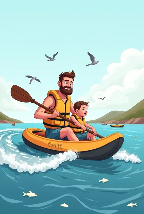 Draw me a picture of baby and dad canoeing on the sea, electric canoe glides on the water creating white waves, dad and baby boy are both wearing life jackets, three sitting behind holding baby, draw more scenes of the baby laughing while the canoe moves
E...