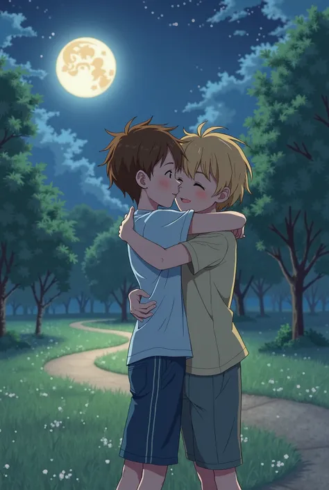 Brown haired anime  boy hugging blonde boy  in a park at midnight, from the side view