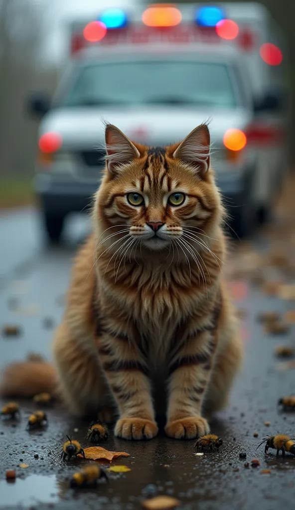 A cat with a serious expression, standing in the middle of a road with wet fur covered in what looks like bee stings or seed pods. The cat’s fur appears matted and textured with small dark elements clinging to it. In the background, an emergency rescue veh...